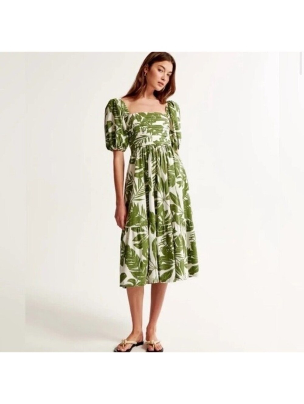 NWT Abercrombie & fitch Emerson Poplin Puff Sleeve Midi Dress Green White SZ XS